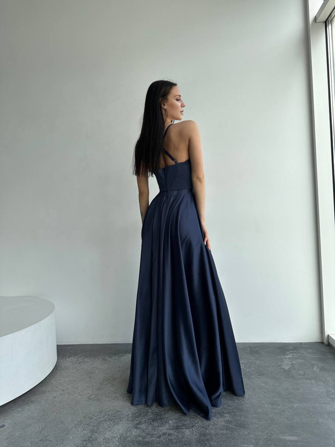 Dark Navy Satin Floor-Length A-Line V-Neck Dress with High Slit