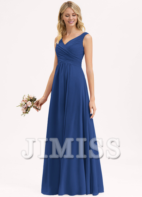 Abito da damigella d'onore in chiffon plissettato, lungo fino al pavimento, con scollo a V e linea ad A