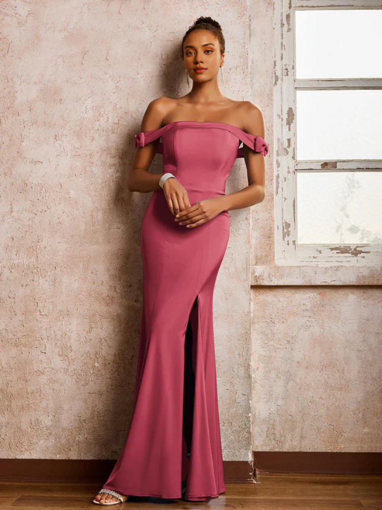 Burgundy Crepe Off-the-Shoulder Mermaid Floor-Length Dress with High Slit