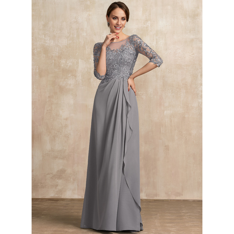 Grey Chiffon A-Line Floor-Length Mother Of The Bride Dress