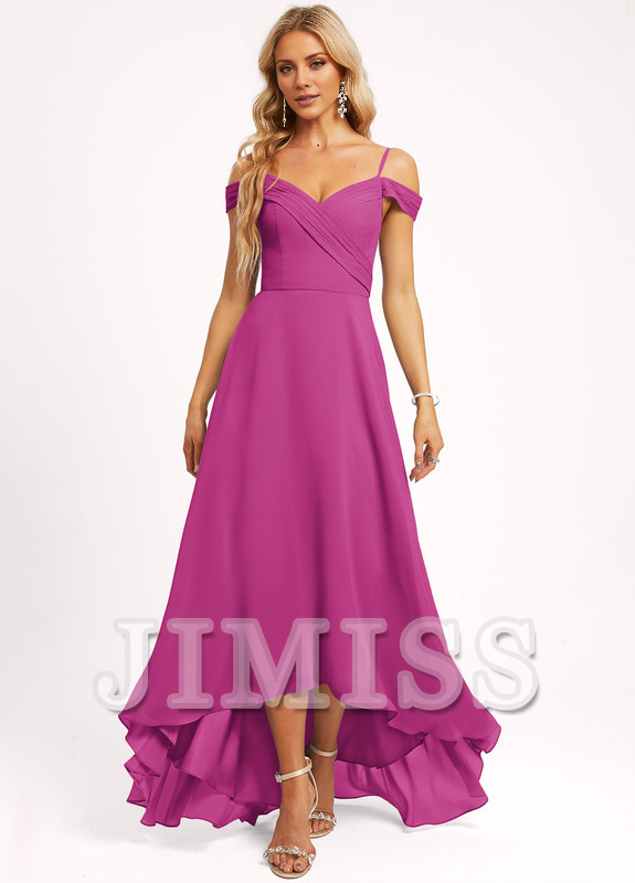Dusty Blue Chiffon A-Line Asymmetrical Sweetheart Dress with Draped Bodice and High-Low Ruffled Hem