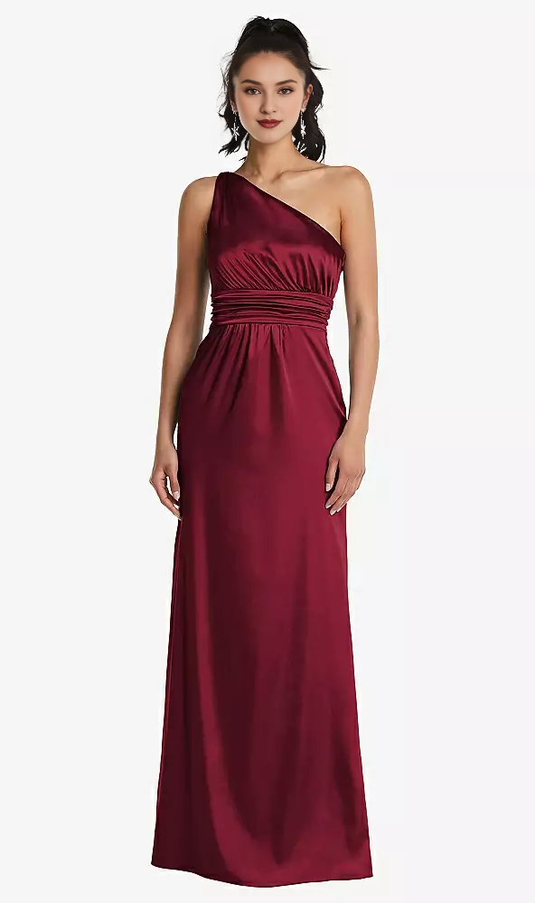 One shoulder hanging satin and floor length Prom dress