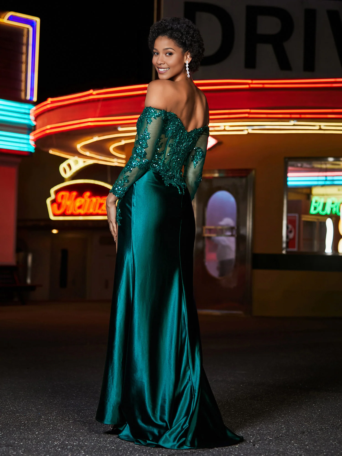 Emerald Satin Mermaid Floor-Length Evening Dress with Off-the-Shoulder Neckline & Sequin Bodice | Jimiss