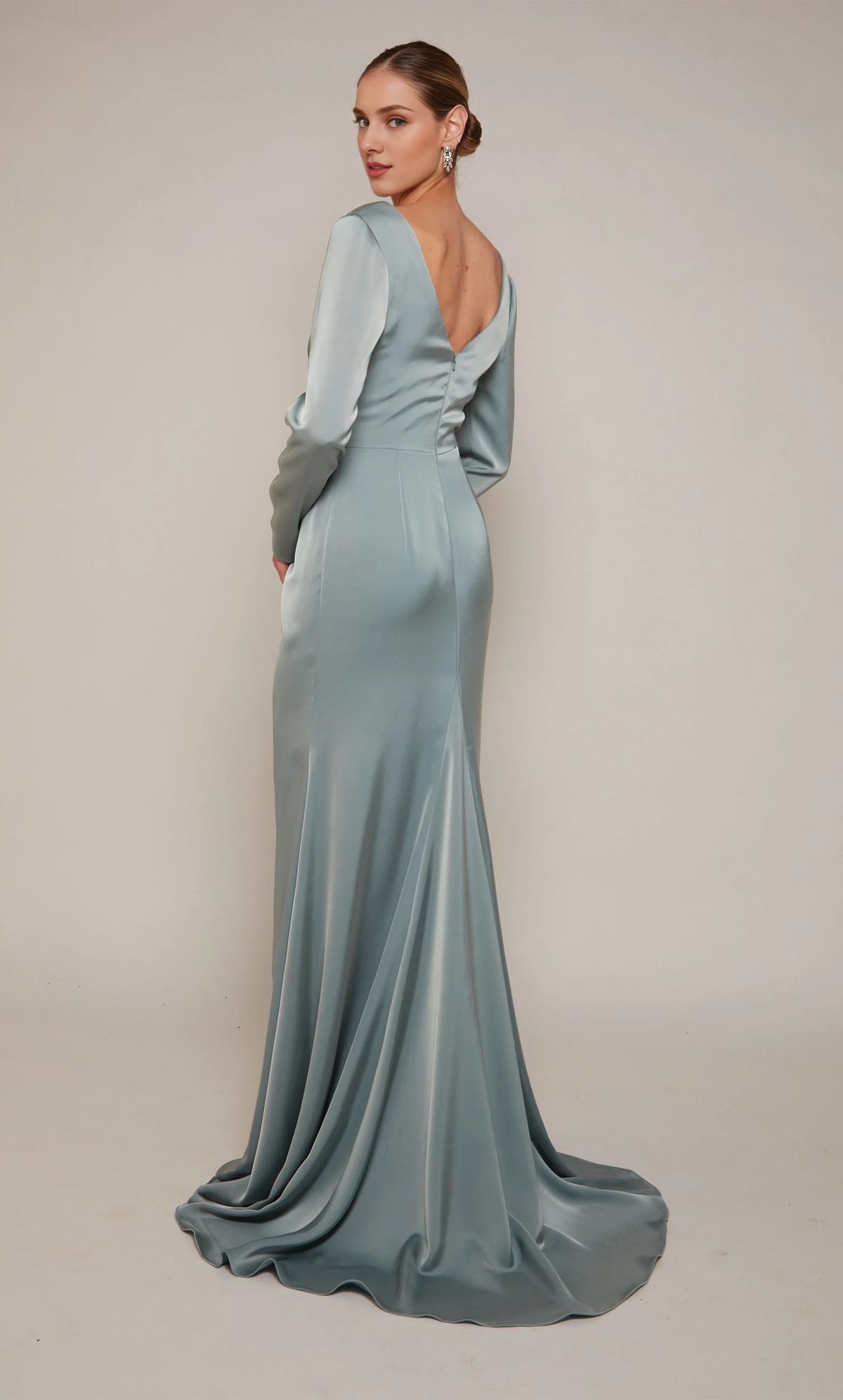 Dusty Blue Satin Sheath/column Floor-Length Gown with Draped V-Neck and High Slit