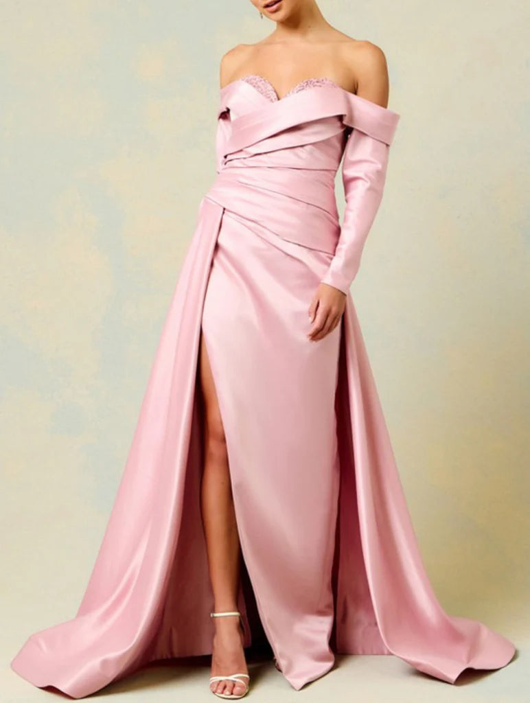 Blushing Pink Satin A-Line Off-the-Shoulder Floor-Length Evening Dress with Draped Bodice and High Slit