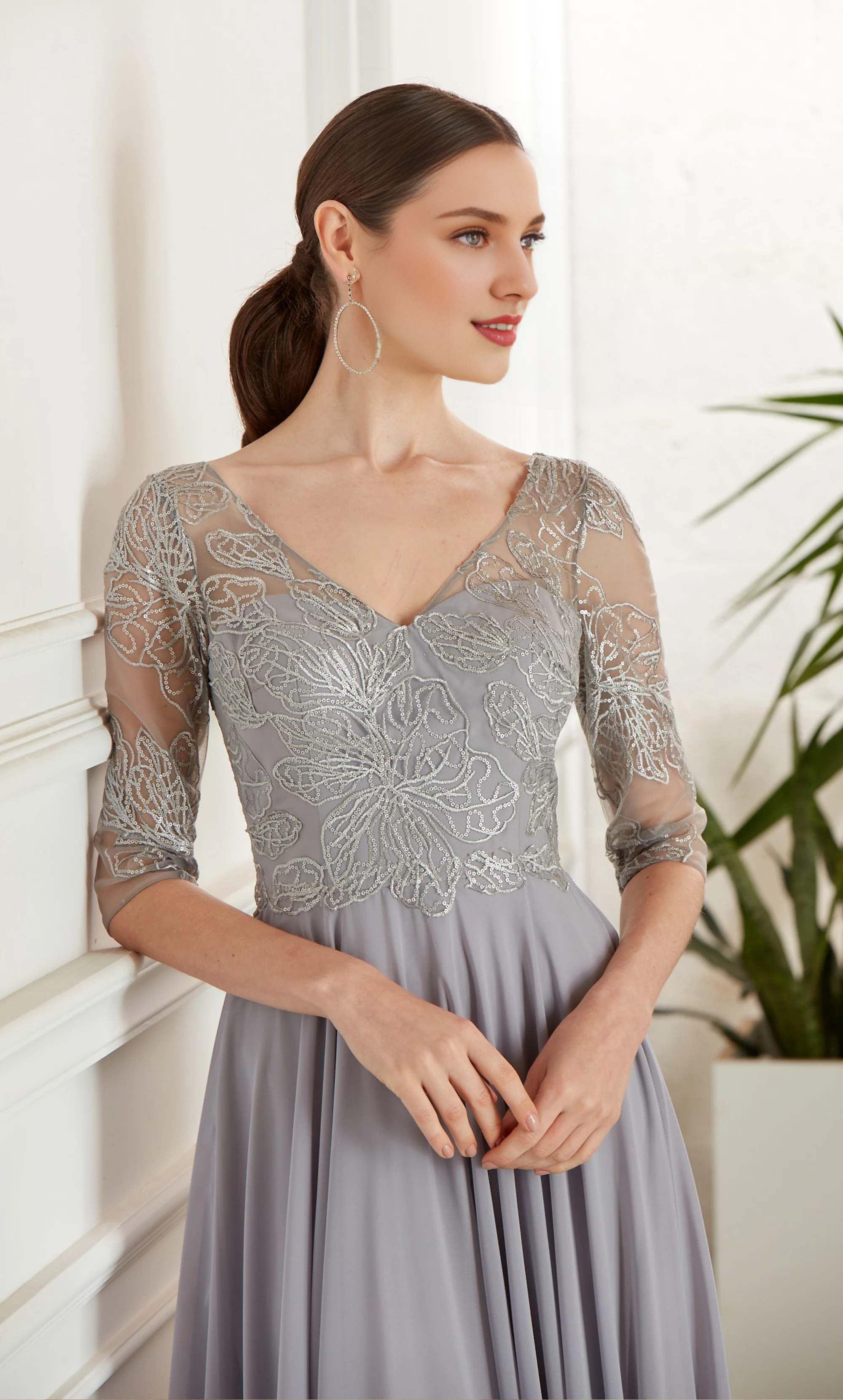 Grey Chiffon A-Line Floor-Length Bridesmaid Dress with Embroidered Bodice and 3/4 Sleeves