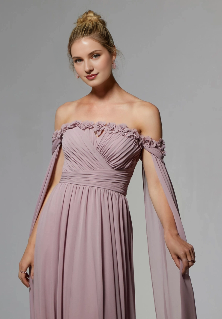 Dusty Rose Chiffon Off-the-Shoulder A-Line Floor-Length Dress