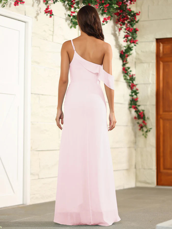 Vestido de dama de honor de gasa con un solo hombro, hombros descubiertos y largo hasta el suelo
