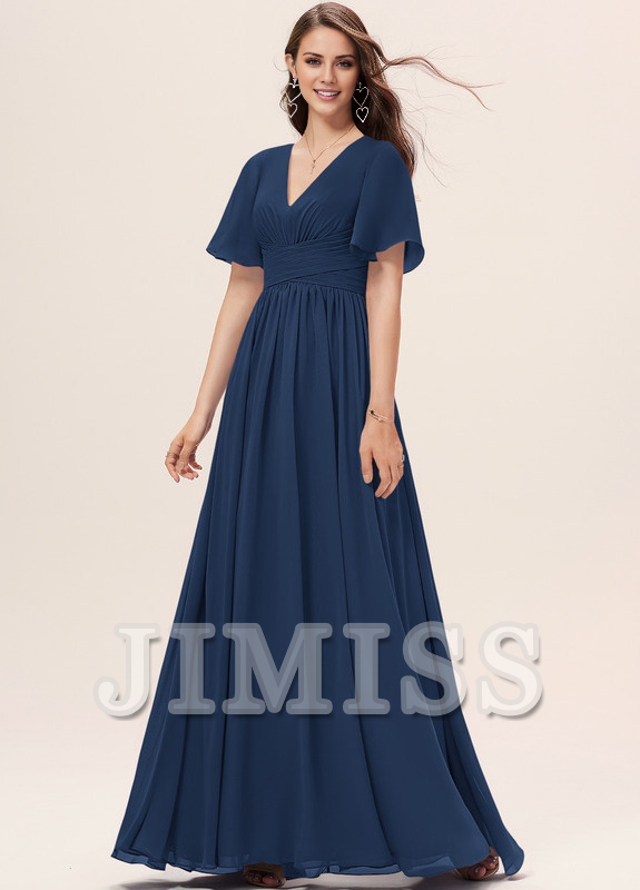 Vestido de dama de honor de gasa con volantes, escote en V y largo hasta el suelo