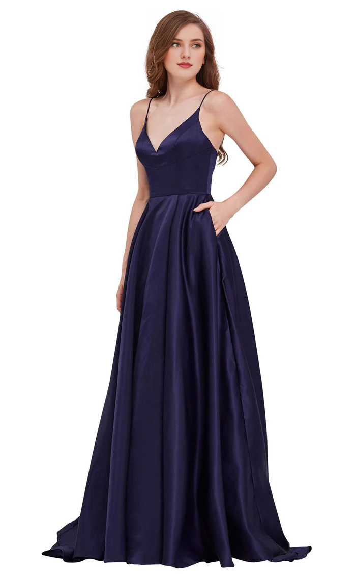 Vestido de noche largo hasta el suelo con corsé ajustado, espalda descubierta y escote en V en forma de A