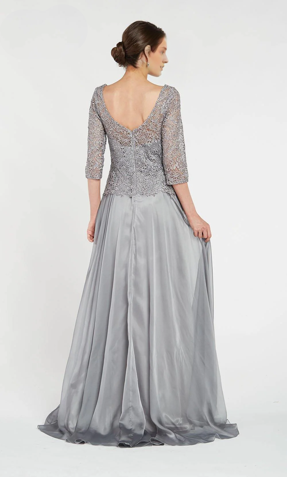 Slate Blue Lace & Satin Boat Neck A-Line Floor-Length Evening Dress for Prom & Wedding Guests