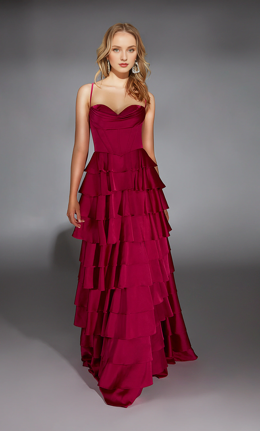 Vestido de noche de satén y gasa, cuello alto, espalda en A, encaje, abertura, corsé ajustado, vestido formal largo