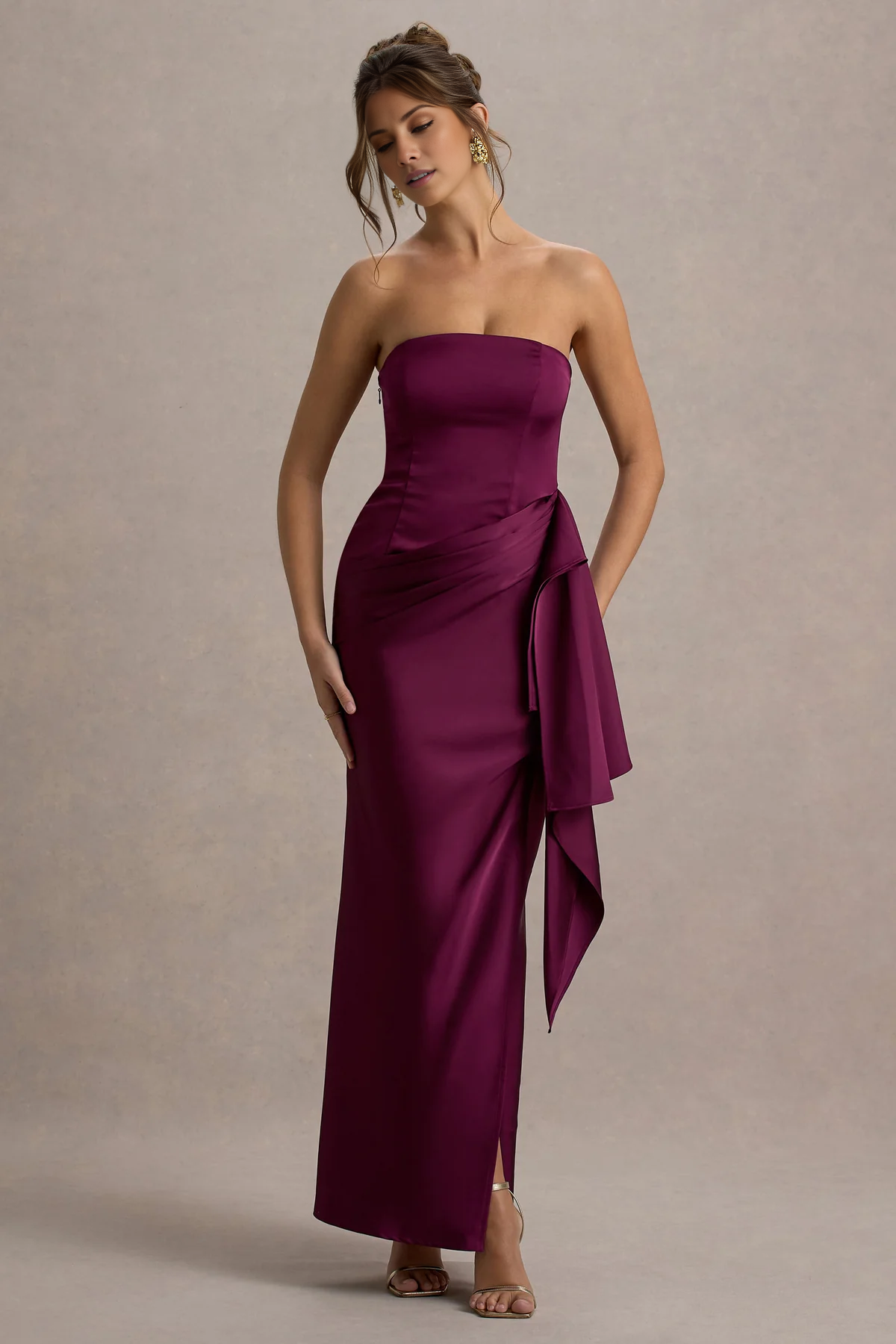 Off shoulder collar satin strapless and floor length evening dress - jimiss dress