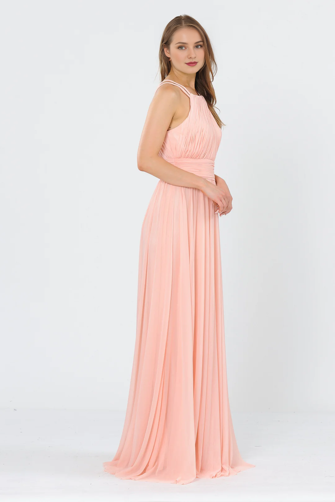 Dark Navy Chiffon A-Line Floor-Length Halter Bridesmaid Dress with Pleated Bodice