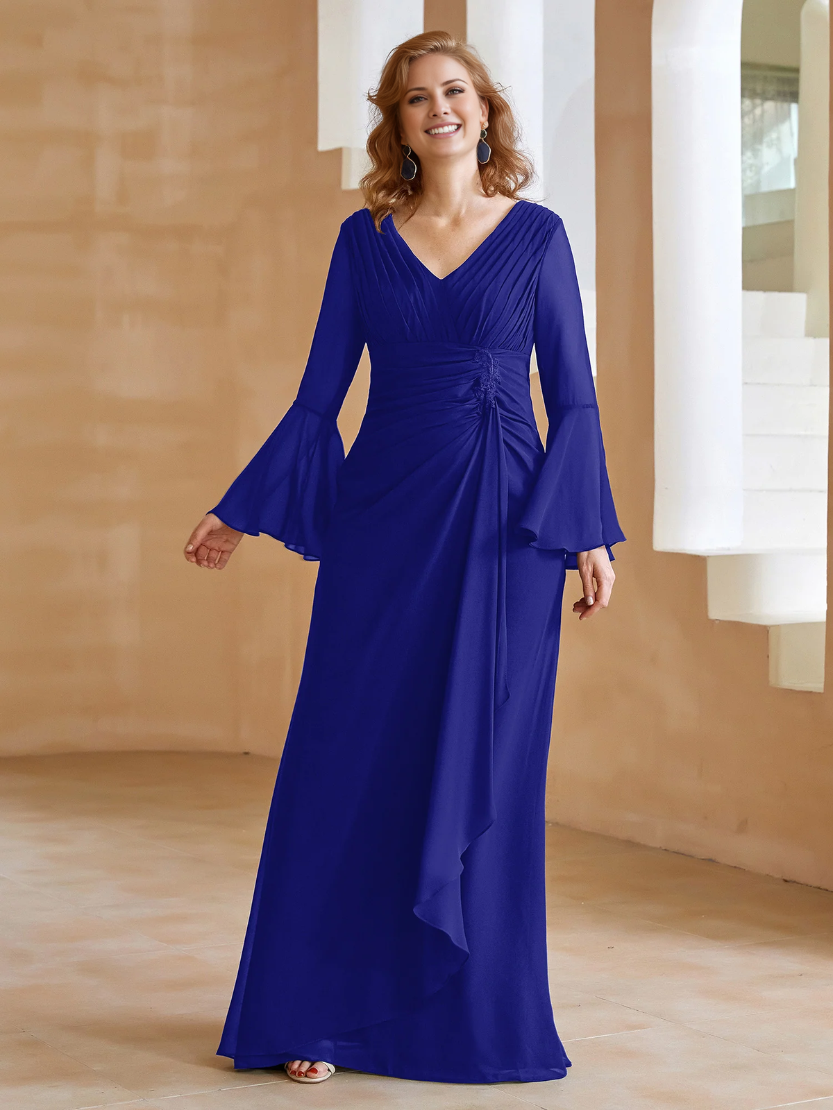 Olive Green Chiffon A-Line V-Neck Bridesmaid Dress with Ruched Bodice & Bell Sleeves