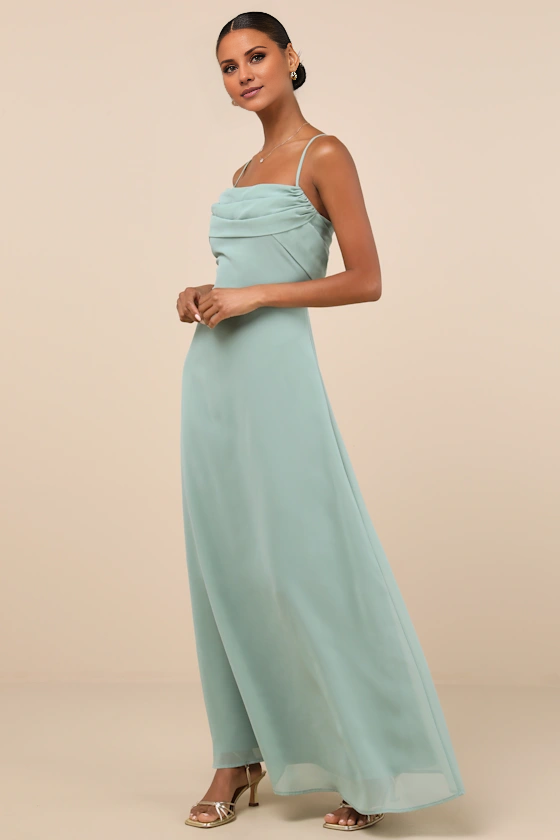 Dusty Sage A-Line Cowl Neck Floor-Length Bridesmaid Dress