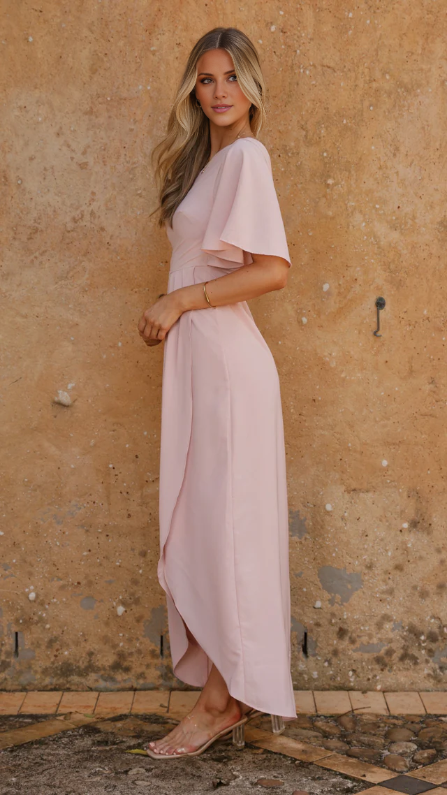 Vestido de fiesta Jimiss con cuello de un solo hombro, hombros descubiertos, manga corta, sin espalda y largo hasta el suelo