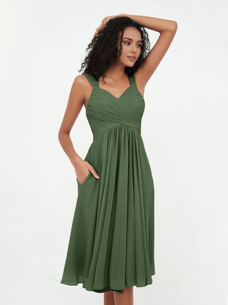 Sage Green Pleated Chiffon A-Line Knee-Length Dress
