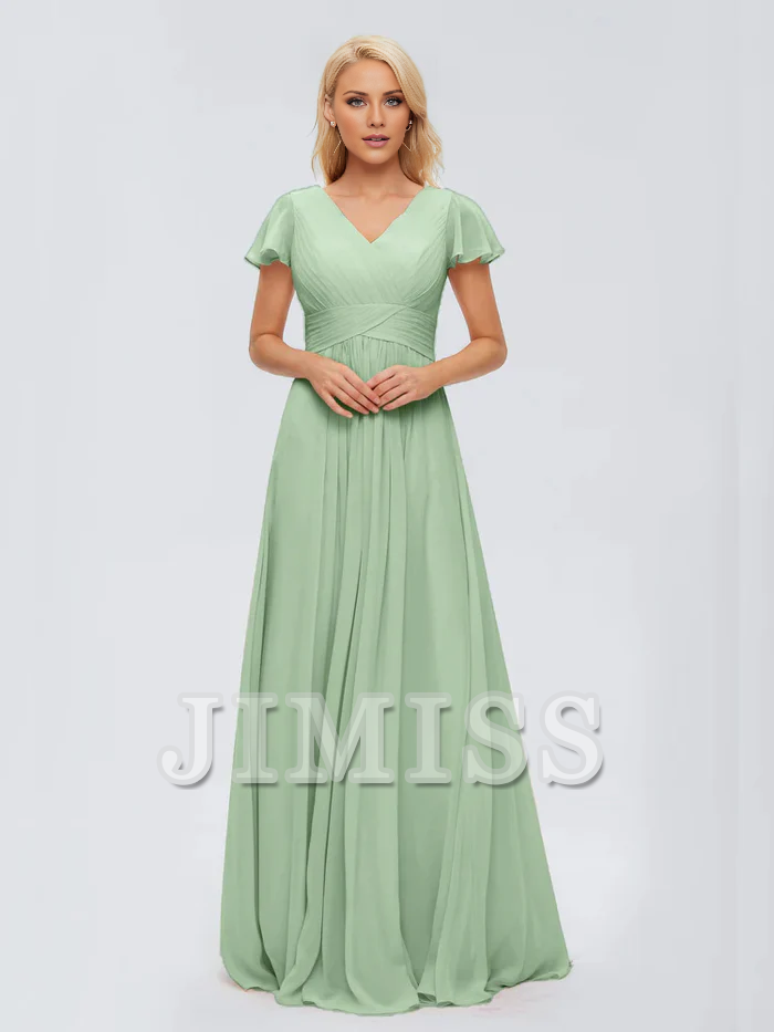 Abito da damigella d'onore in chiffon con scollo a V, spacco laterale e lunghezza al pavimento