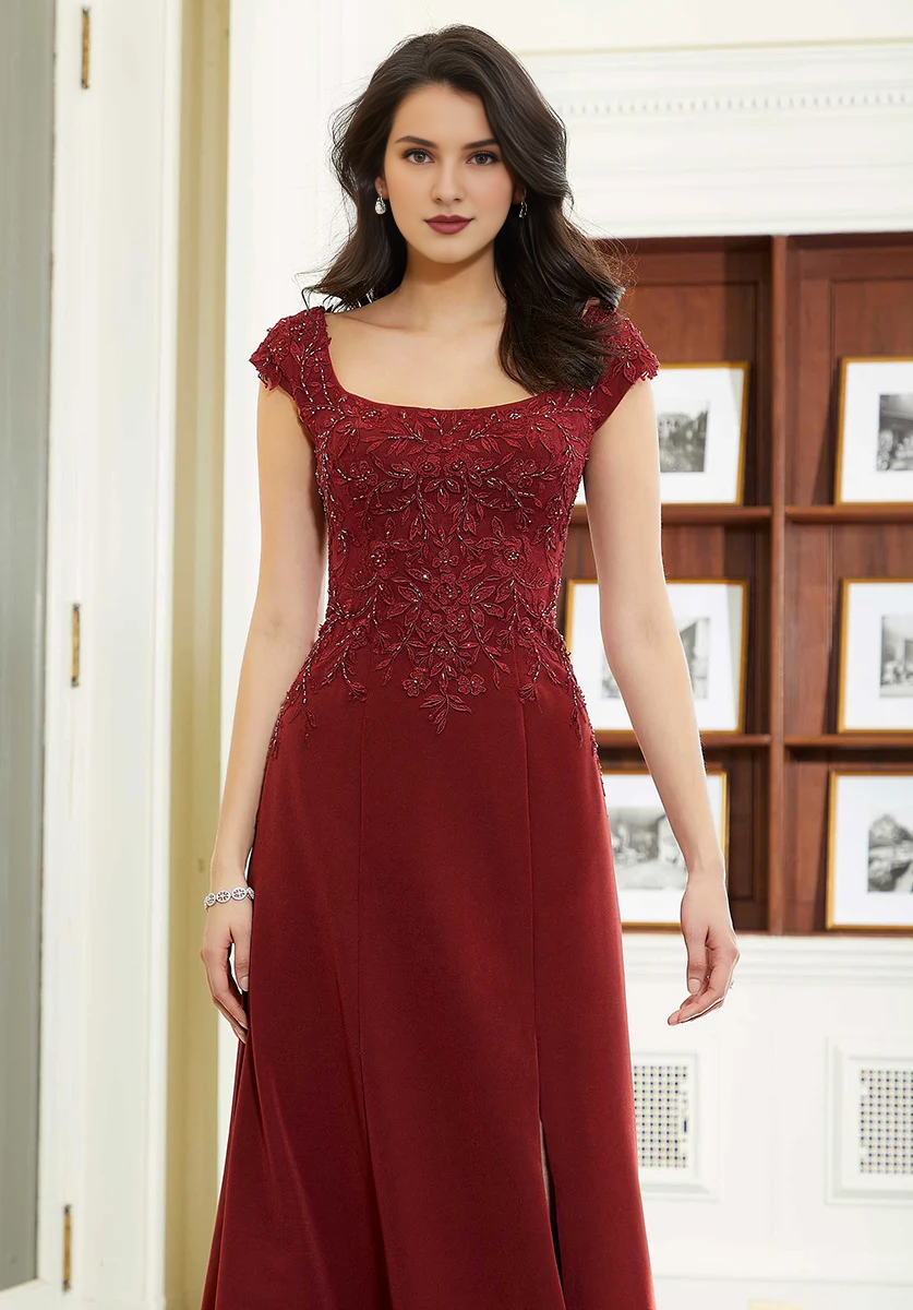 Burgundy Square Neck Sheath/Column Floor-Length Evening Dress with Embroidered Bodice & High Slit