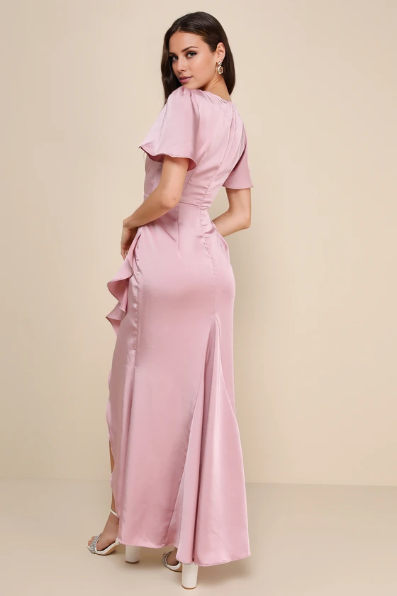 Blushing Pink Satin A-Line Asymmetrical Bridesmaid Dress with Flutter Sleeves & Ruffled High-Low Hem