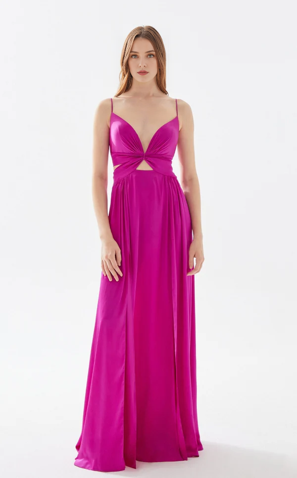 Vestido de noche con escote en V profundo, corte A, tirantes finos y largo hasta el suelo