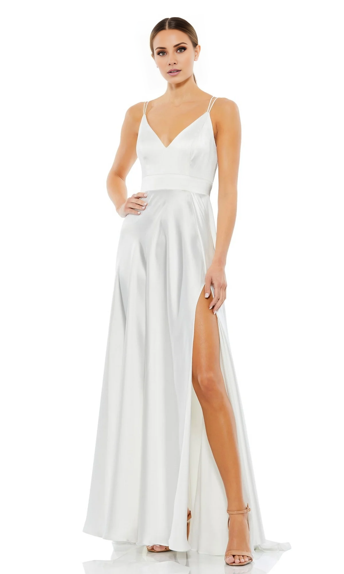 Sky Blue Satin A-Line Floor-Length Dress with V-Neck and High Slit