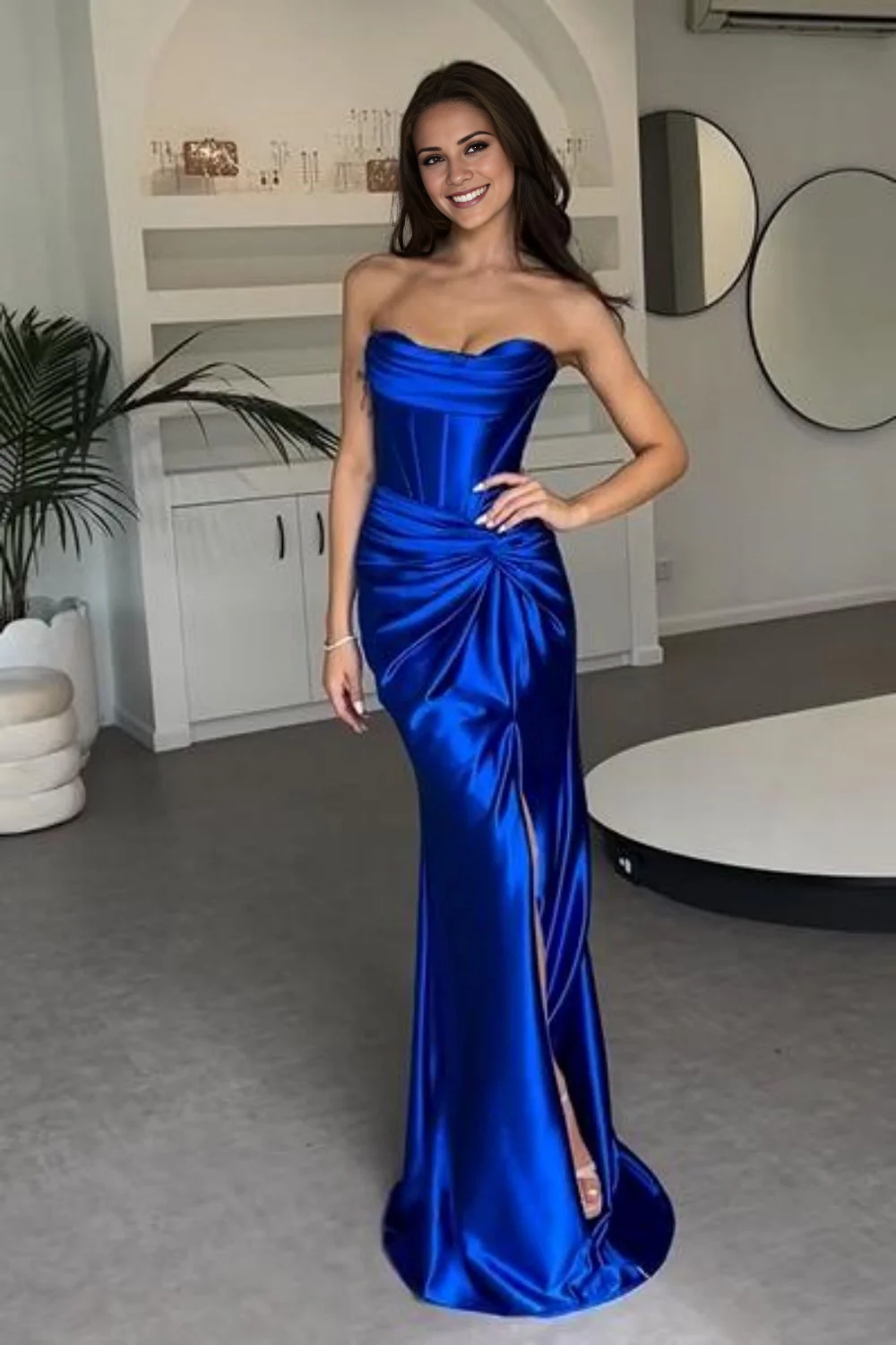 Vestido de fiesta largo de satén con abertura y tirantes finos estilo sirena de Jimiss Fashion