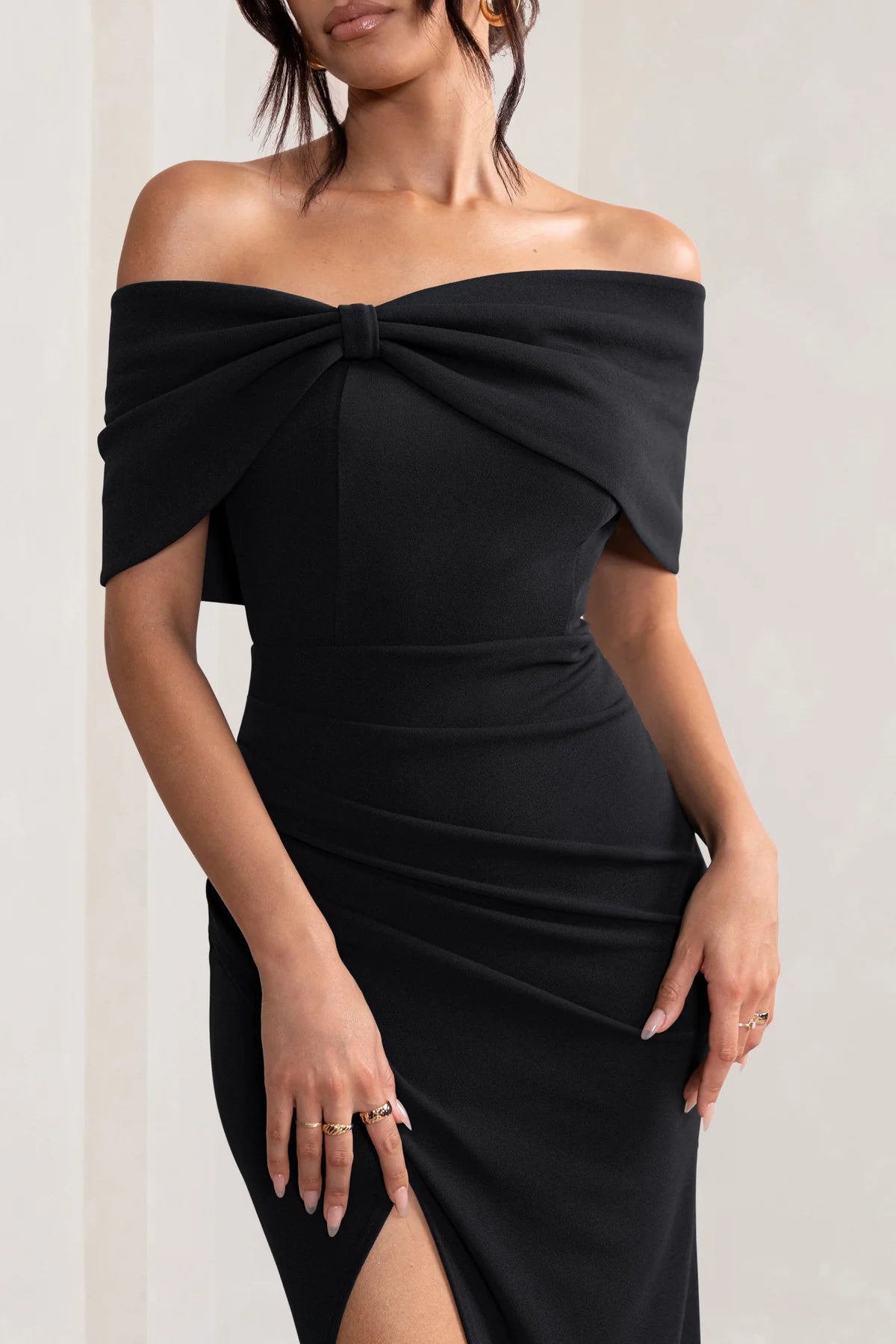 Off shoulder neckline with bow details thigh slit and floor length even dress - jimiss dress