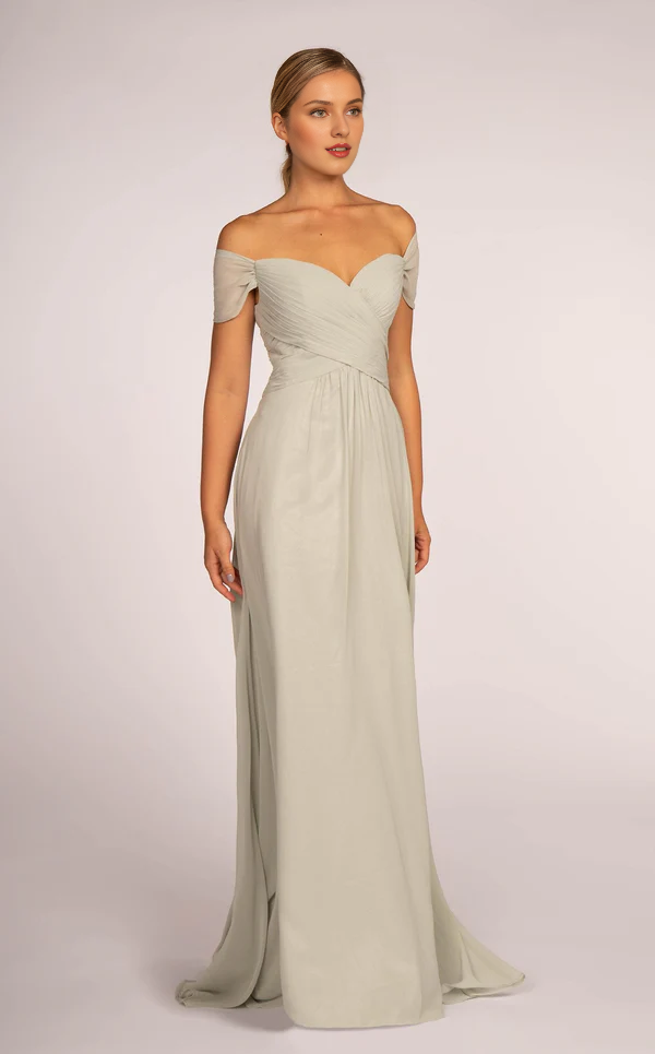 Dusty Rose Chiffon Off-the-Shoulder A-Line Floor-Length Bridesmaid Dress