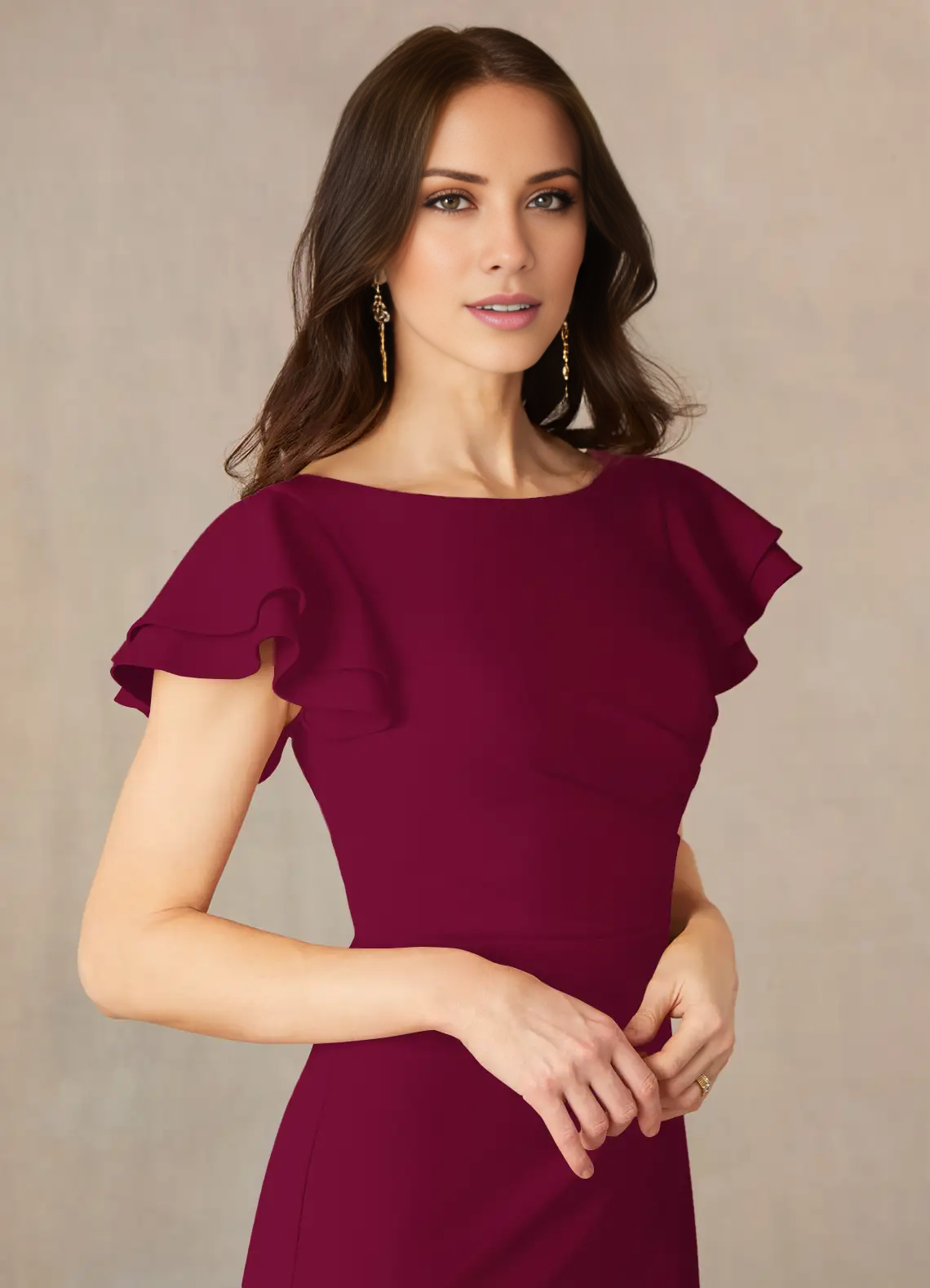 Burgundy Crepe Boat Neck Flutter Sleeve Floor-Length Bridesmaid Dress