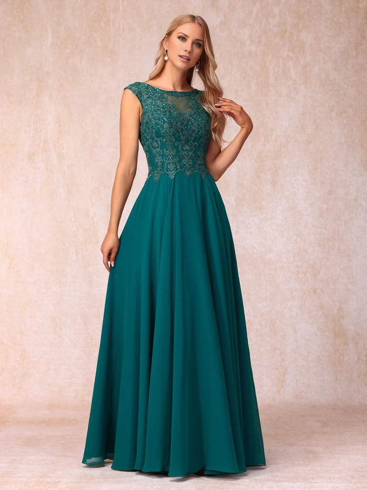 Teal Embroidered Illusion Bodice A-Line Floor-Length Bridesmaid Dress