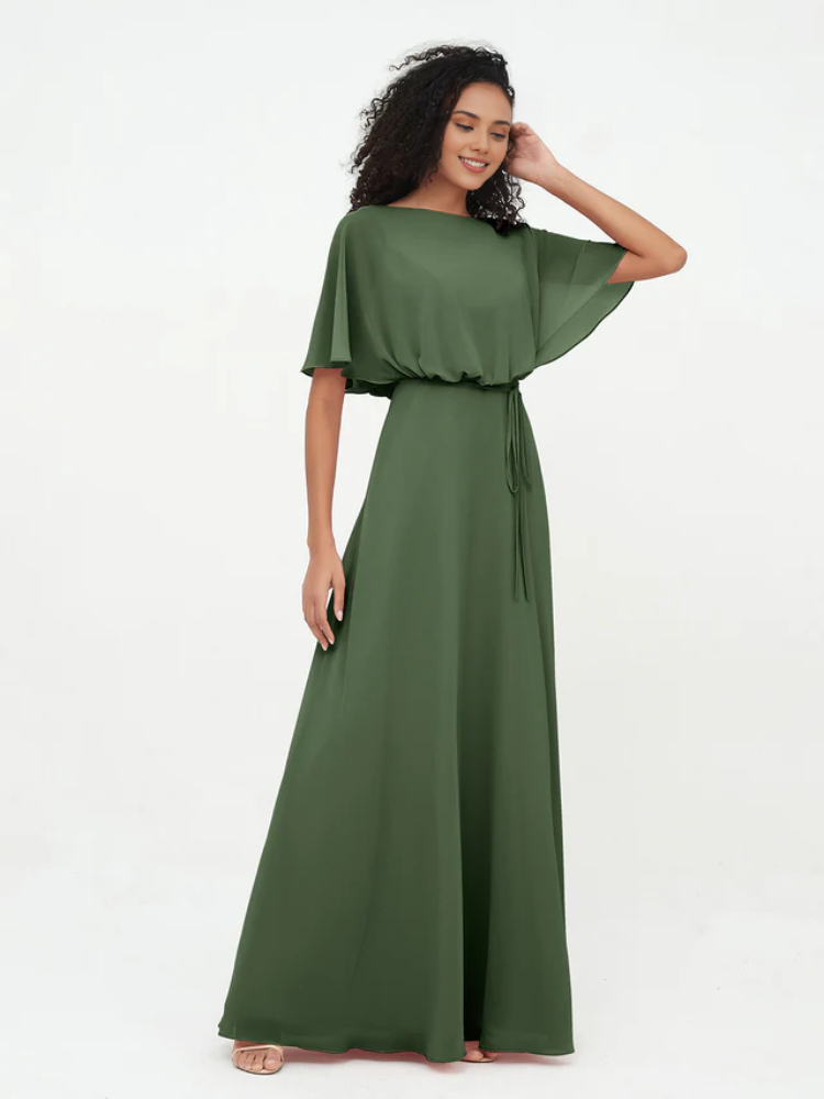 Olive Green Chiffon A-Line Floor-Length Bridesmaid Dress with Draped Bodice & Drawstring Waist