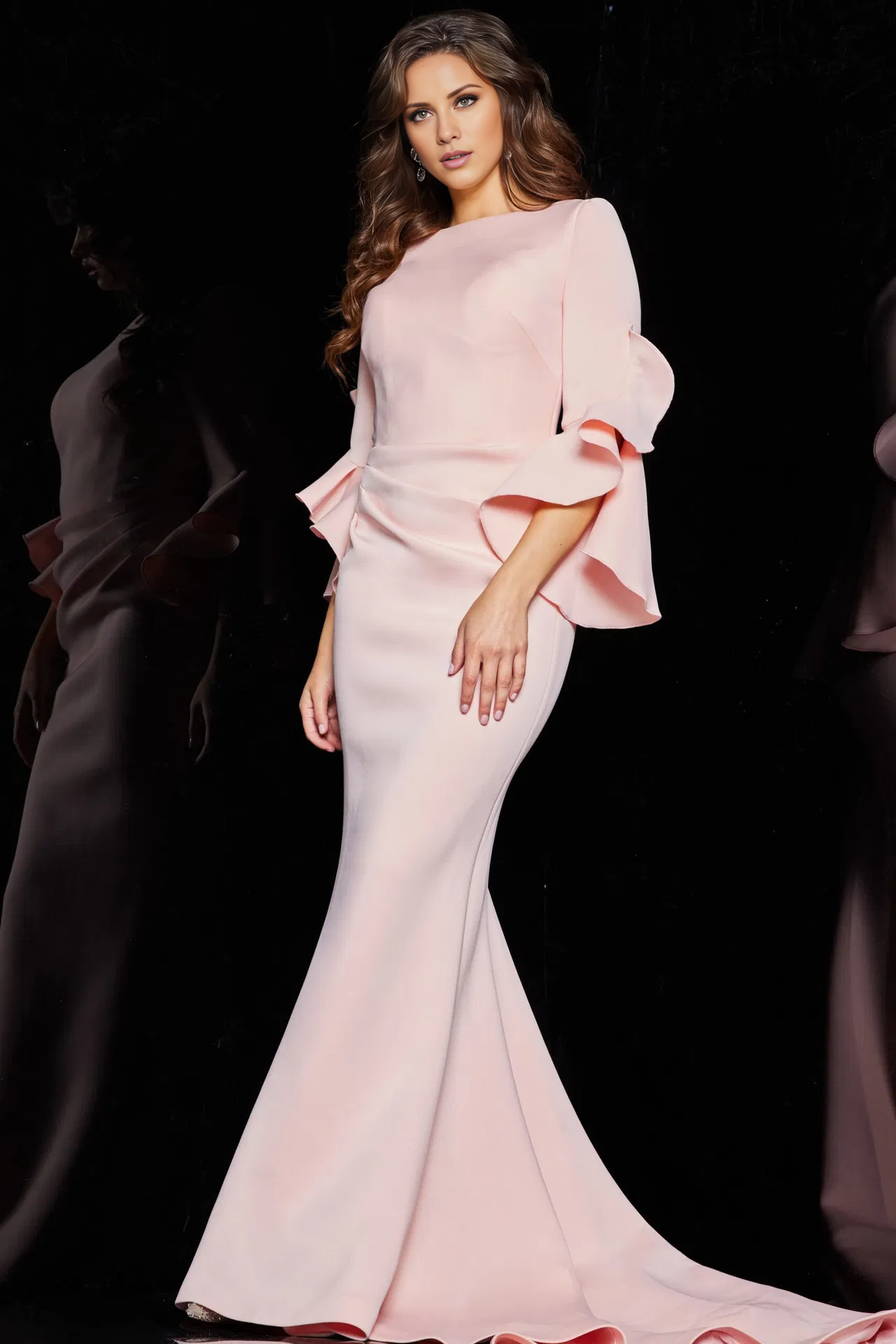 Blushing Pink Crepe Floor-Length Mermaid Evening Dress with Ruffled Bell Sleeves