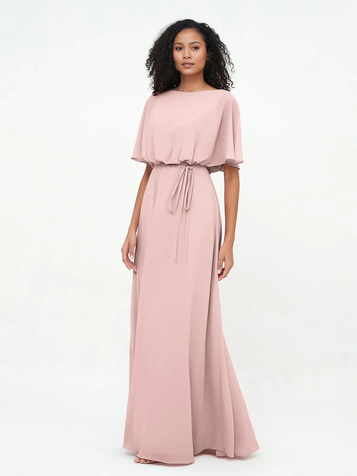 Butter Chiffon A-Line Floor-Length Bridesmaid Dress with Boat Neck & Self-Tie Waist