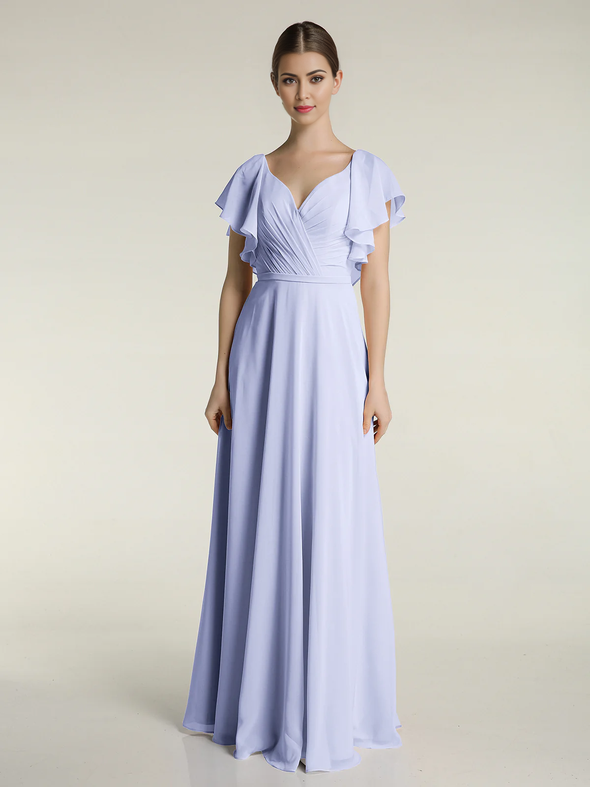 Vestido con cuello en V, capucha, mangas y borde con volantes