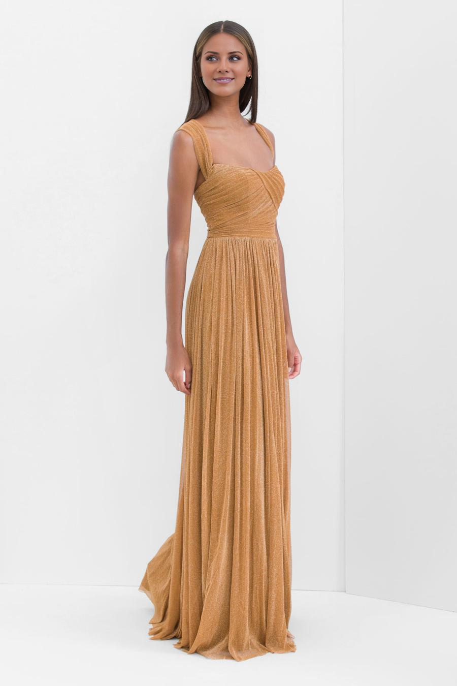 Vestido de noche Jimiss con hombros descubiertos, sin mangas, plisado, sin espalda y largo hasta el suelo