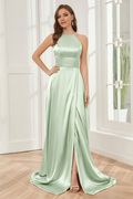 Sage Green Satin Halter neckline A-Line Floor-Length Bridesmaid Dress