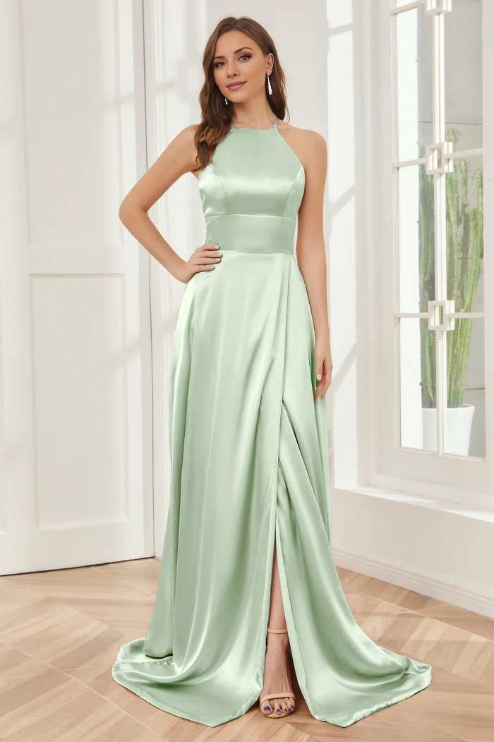Sage Green Satin Halter neckline A-Line Floor-Length Bridesmaid Dress