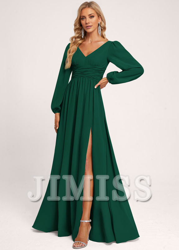 Vestido de dama de honor de gasa con volantes, escote en V y largo hasta el suelo