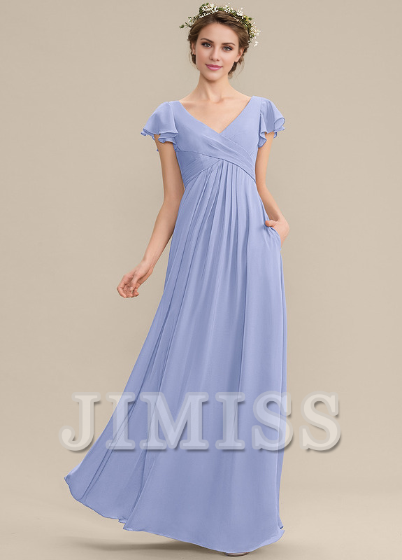 Vestido de dama de honor de gasa con escote en V, volantes escalonados y largo hasta el suelo