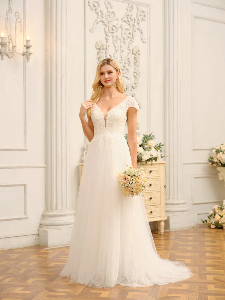 Vestido de novia largo de manga corta con escote en V, apliques y adornos de cuentas