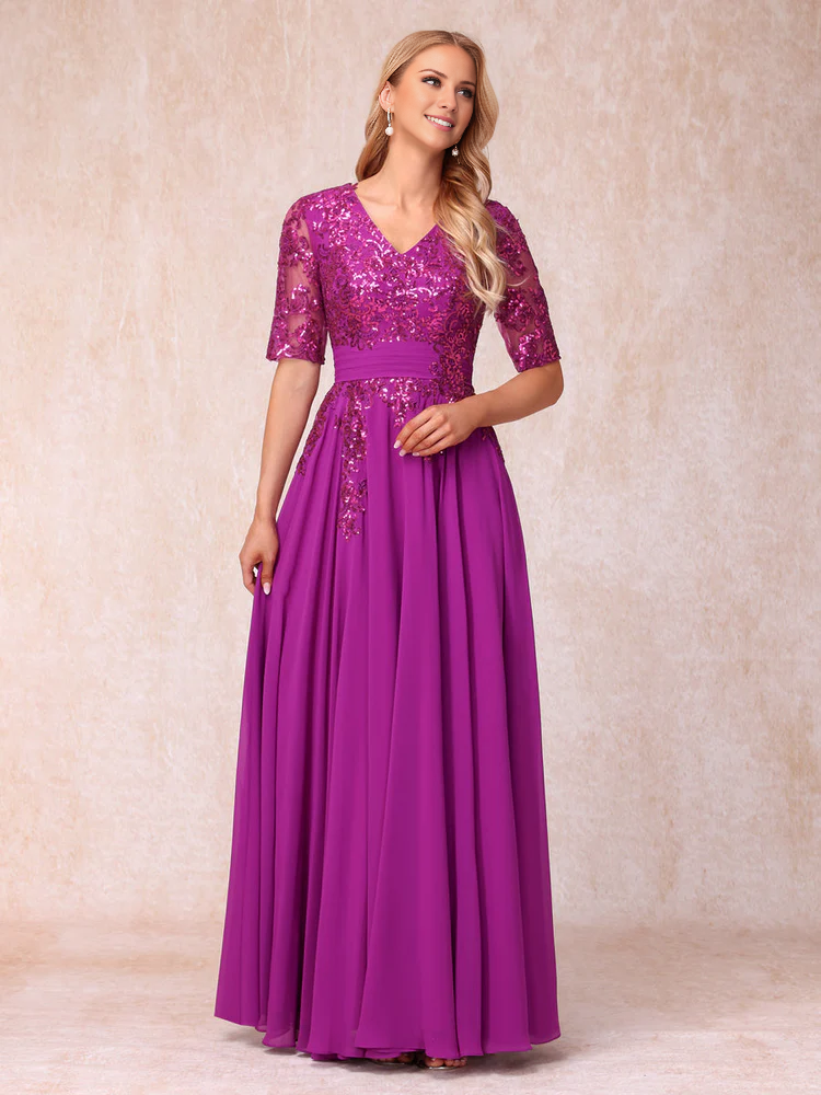 Purple Sequin V-Neck A-Line Chiffon Floor-Length Gown for Prom & Formal Events