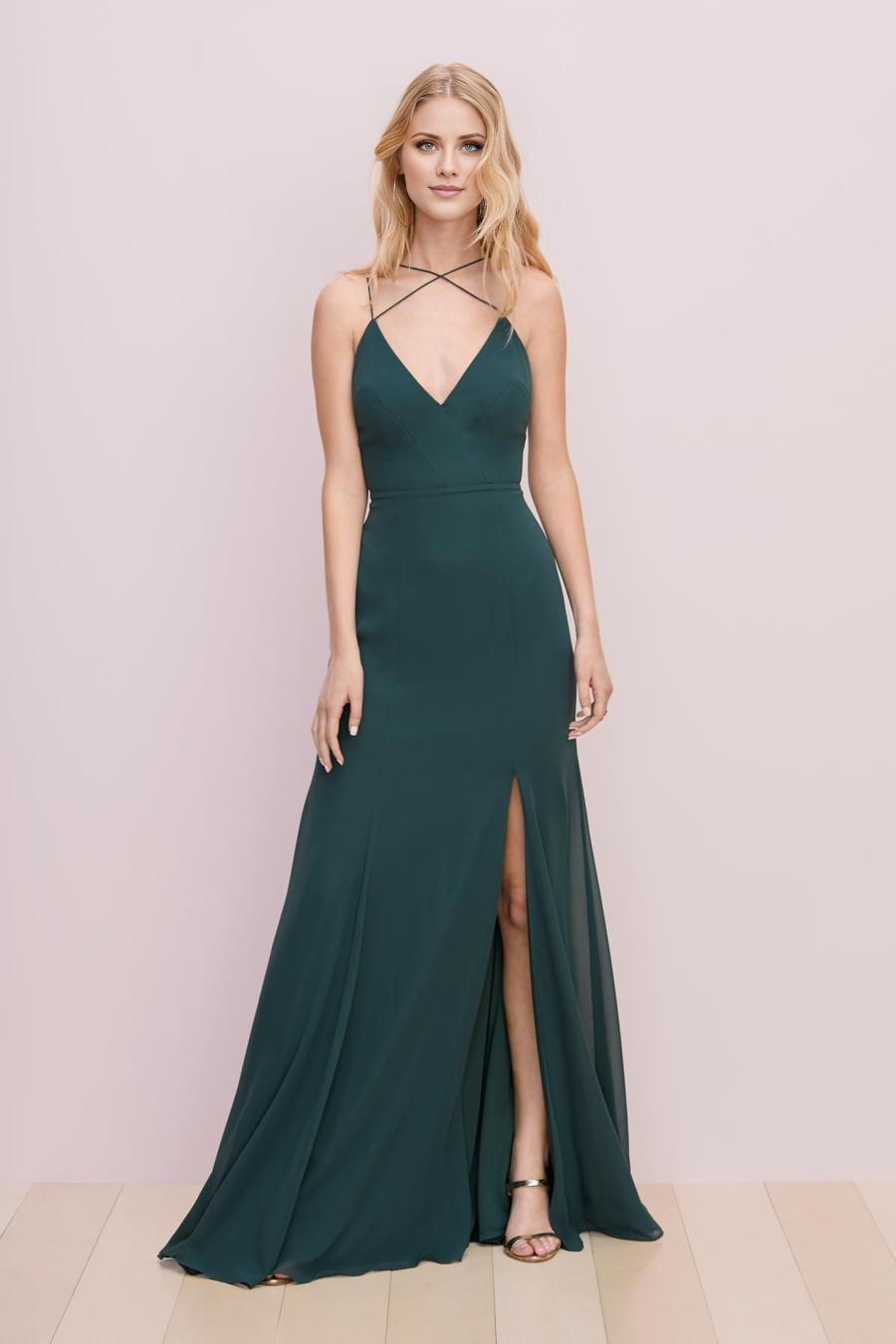 Vestido de noche Jimiss con escote en V, sin mangas, tirantes finos, espalda descubierta, abertura lateral y largo hasta el suelo