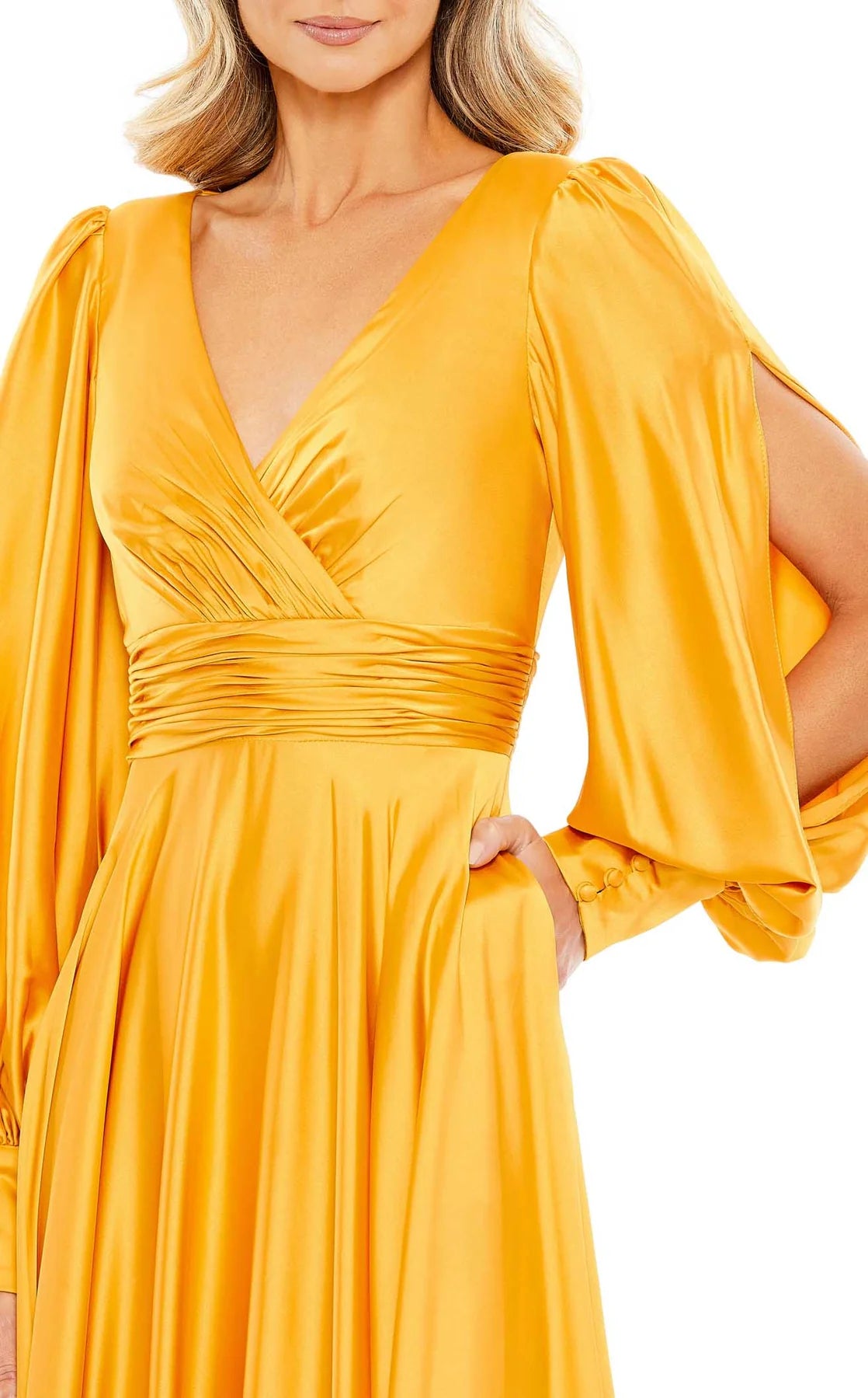 A-line V-neck satin long sleeved back zipper and floor length Prom dress