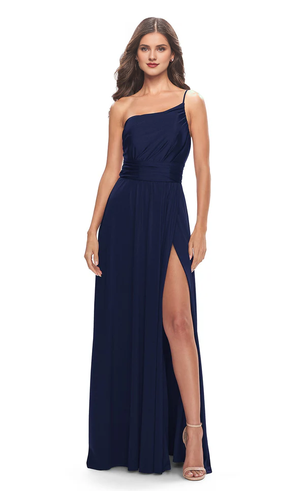 Single shoulder collar A-line tight corset with side slits and floor length Prom dress