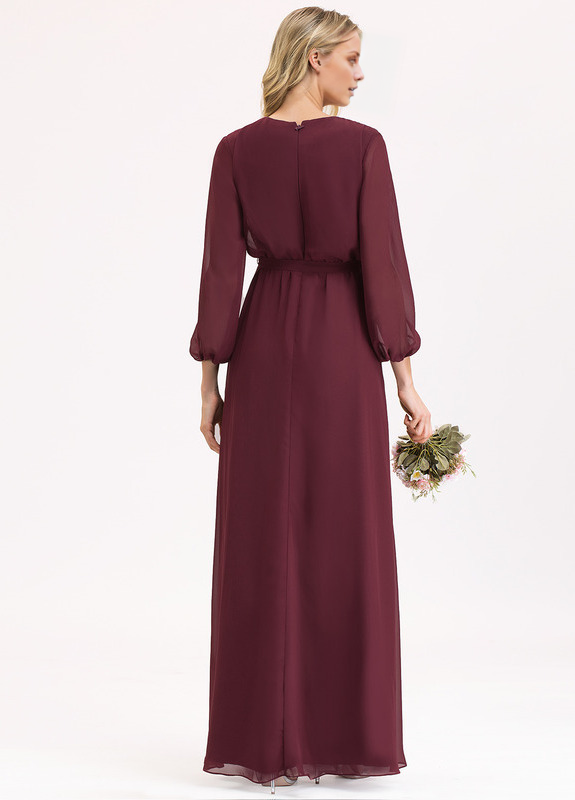 Abito da damigella d'onore in chiffon con scollo a V, lunghezza al pavimento, plissettato e fiocco