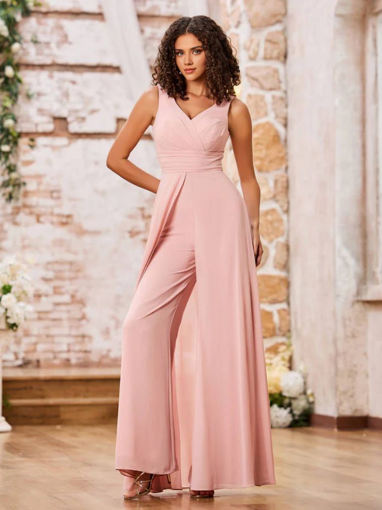 Chiffon Spaghetti-Strap V-Neck Ruched Bodice Wide-Leg Floor-Length Bridesmaid Jumpsuits