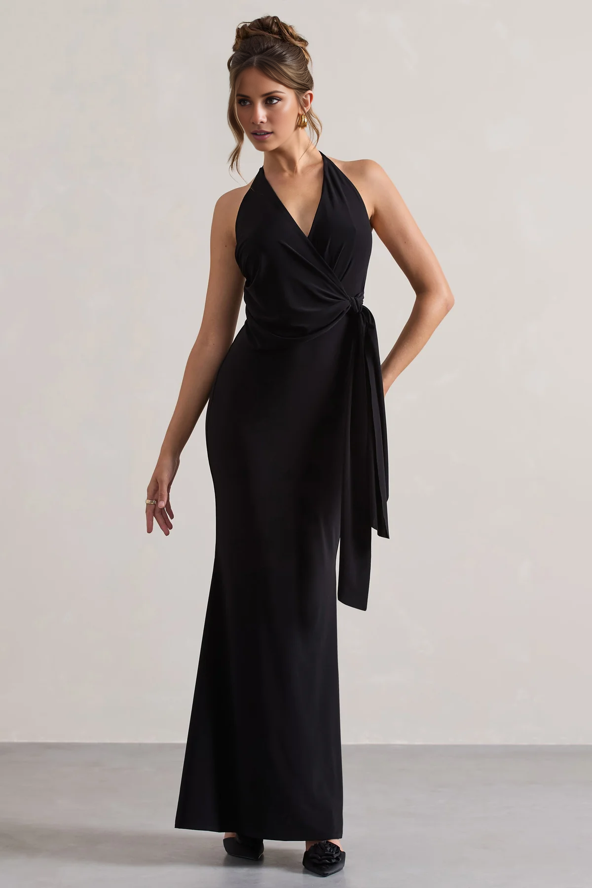 Black Crepe Halter V-Neck Sheath Floor-Length Dress with Side Tie Waist
