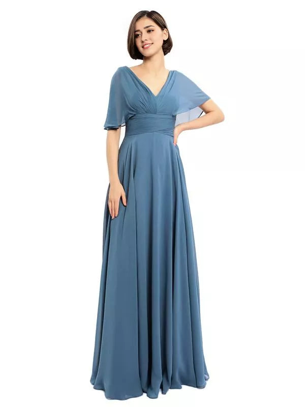 Elegantes vestidos largos de dama de honor de gasa con escote en V y mangas cortas